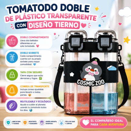 BOTELLA DOBLE DE PLÁSTICO TRANSPARENTE CON DISEÑO TIERNO
